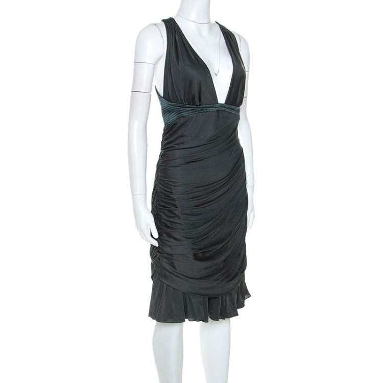 مملوكة مسبقًا Roberto Cavalli  Dark Green Stretch Knit Flared Bottom Draped Midi Dress L