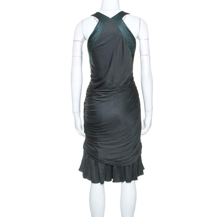 مملوكة مسبقًا Roberto Cavalli  Dark Green Stretch Knit Flared Bottom Draped Midi Dress L