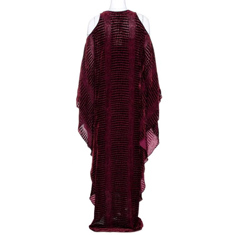Pre Owned Roberto Cavalli Burgundy Devore Velvet Cold Shoulder Kaftan S