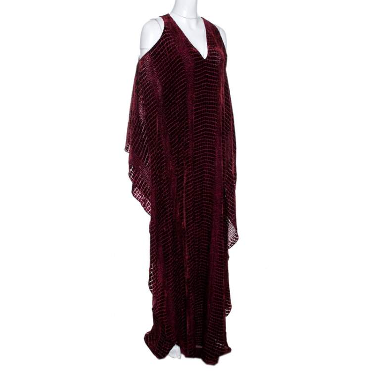 Pre Owned Roberto Cavalli Burgundy Devore Velvet Cold Shoulder Kaftan S