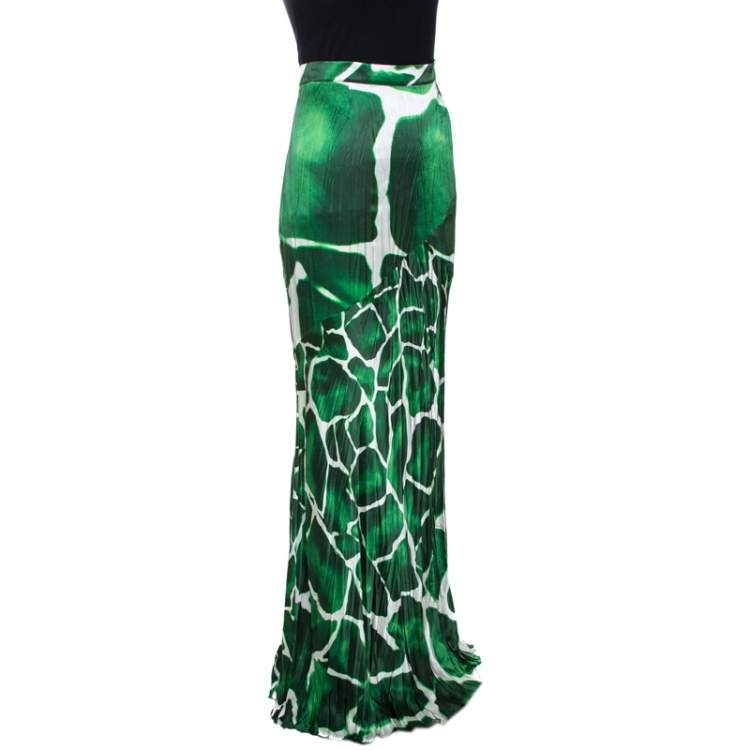Pre Owned Roberto Cavalli Green Printed Silk Flared Maxi Skirt M