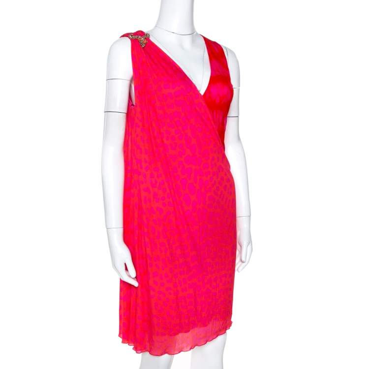 Pre Owned Roberto Cavalli Pink Printed Jersey Serpent Brooch Detail Shift Dress M