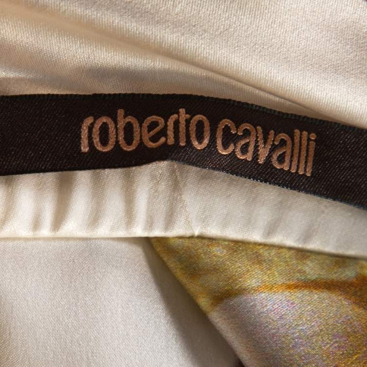 Pre Owned Roberto Cavalli Cream Gold Chain Print Silk Satin Maxi Skirt L