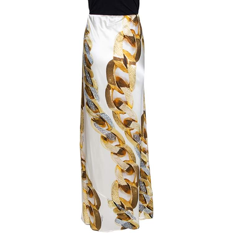 Pre Owned Roberto Cavalli Cream Gold Chain Print Silk Satin Maxi Skirt L