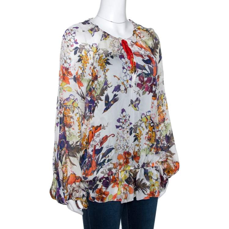 Pre Owned Roberto Cavalli Multicolor Bird Print Silk Sheer Kaftan Top L