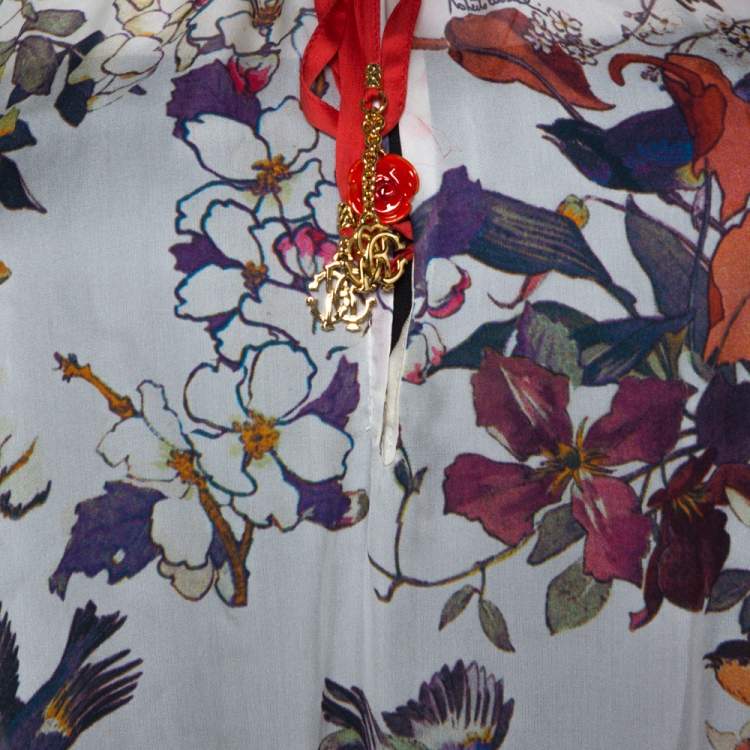 Pre Owned Roberto Cavalli Multicolor Bird Print Silk Sheer Kaftan Top L