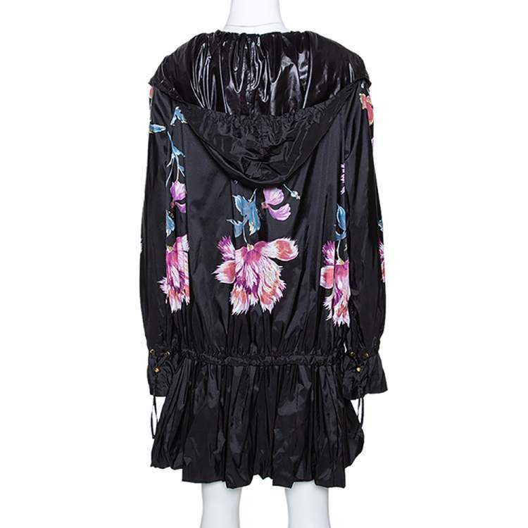 Pre Owned Roberto Cavalli Black Synthetic Floral Printed Hooded Dress M