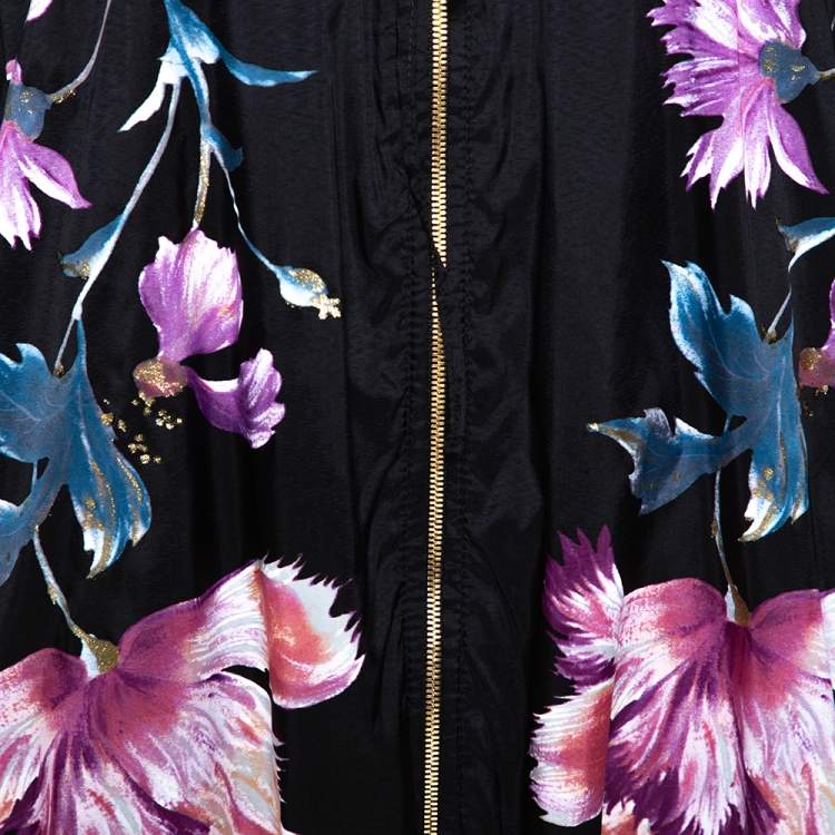 Pre Owned Roberto Cavalli Black Synthetic Floral Printed Hooded Dress M
