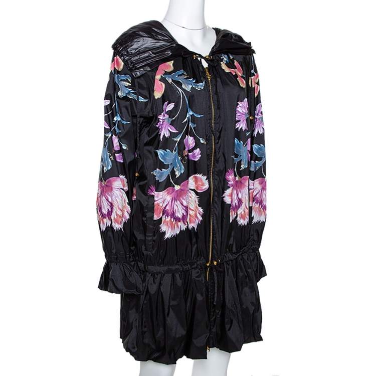 Pre Owned Roberto Cavalli Black Synthetic Floral Printed Hooded Dress M