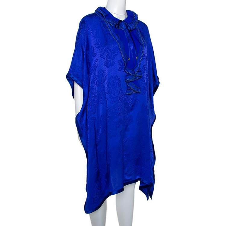 Pre Owned Roberto Cavalli Blue Silk Ruffle Detail Kaftan Dress L