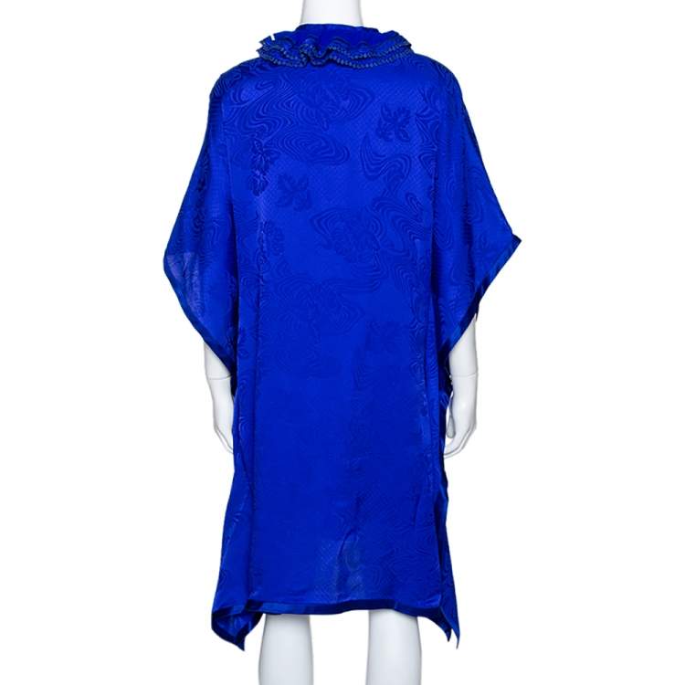 Pre Owned Roberto Cavalli Blue Silk Ruffle Detail Kaftan Dress L