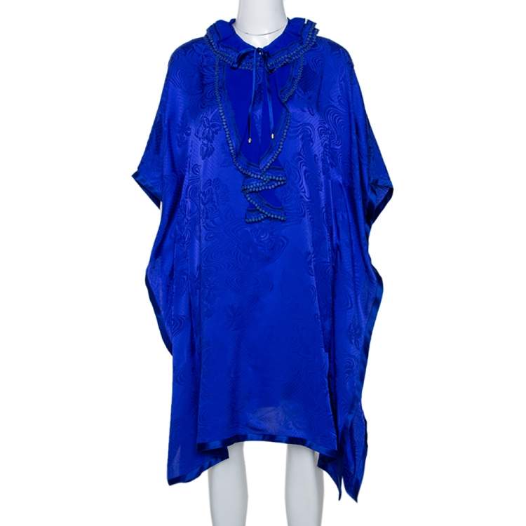 Pre Owned Roberto Cavalli Blue Silk Ruffle Detail Kaftan Dress L