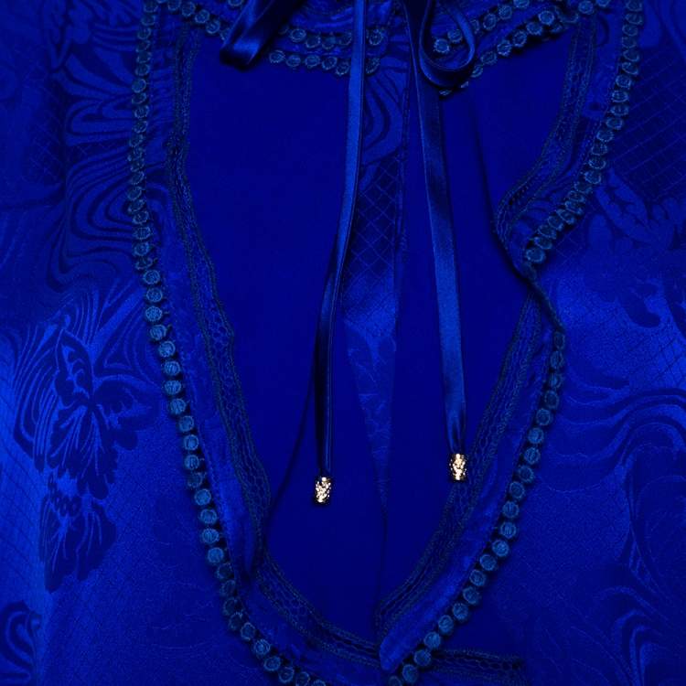 Pre Owned Roberto Cavalli Blue Silk Ruffle Detail Kaftan Dress L