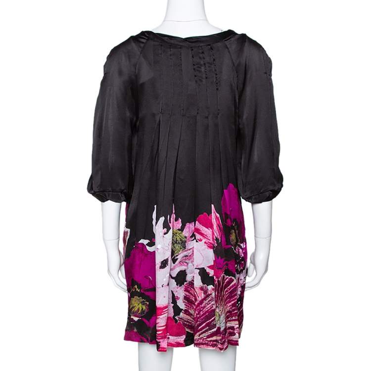 Pre Owned Roberto Cavalli Black & Fuschia Floral Printed Silk Pleated Mini Dress M