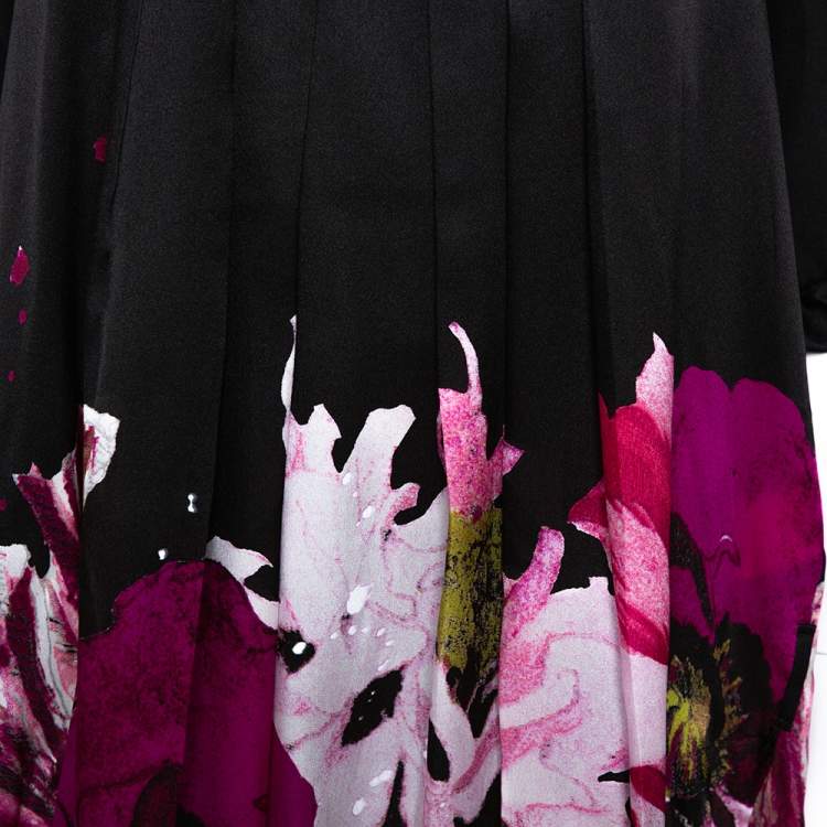 Pre Owned Roberto Cavalli Black & Fuschia Floral Printed Silk Pleated Mini Dress M