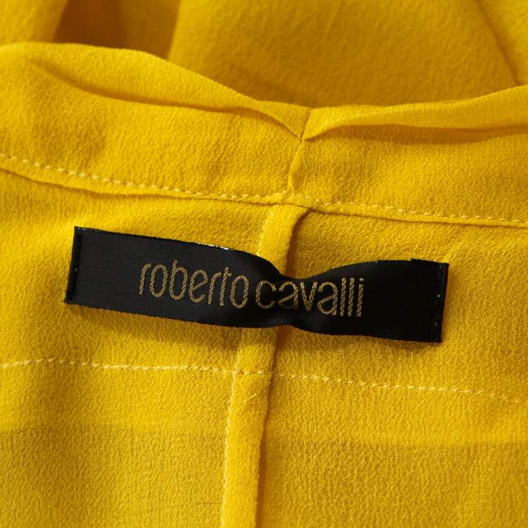 مملوكة مسبقًا Roberto Cavalli Yellow Georgette Pleated Neckline Blouse L