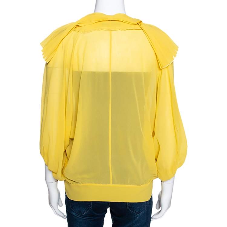 مملوكة مسبقًا Roberto Cavalli Yellow Georgette Pleated Neckline Blouse L