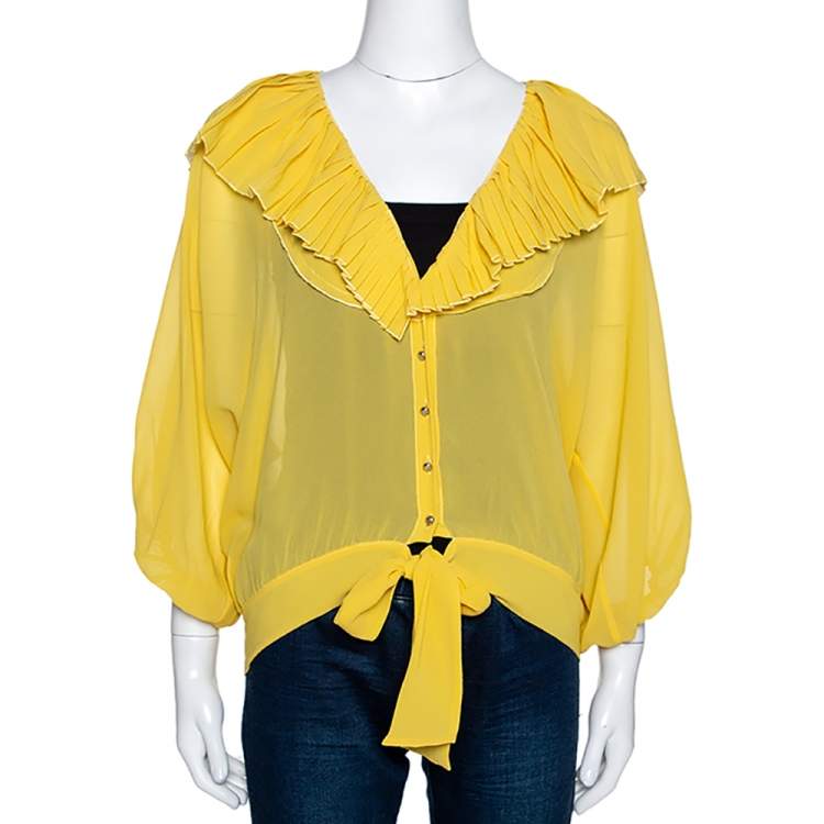 مملوكة مسبقًا Roberto Cavalli Yellow Georgette Pleated Neckline Blouse L