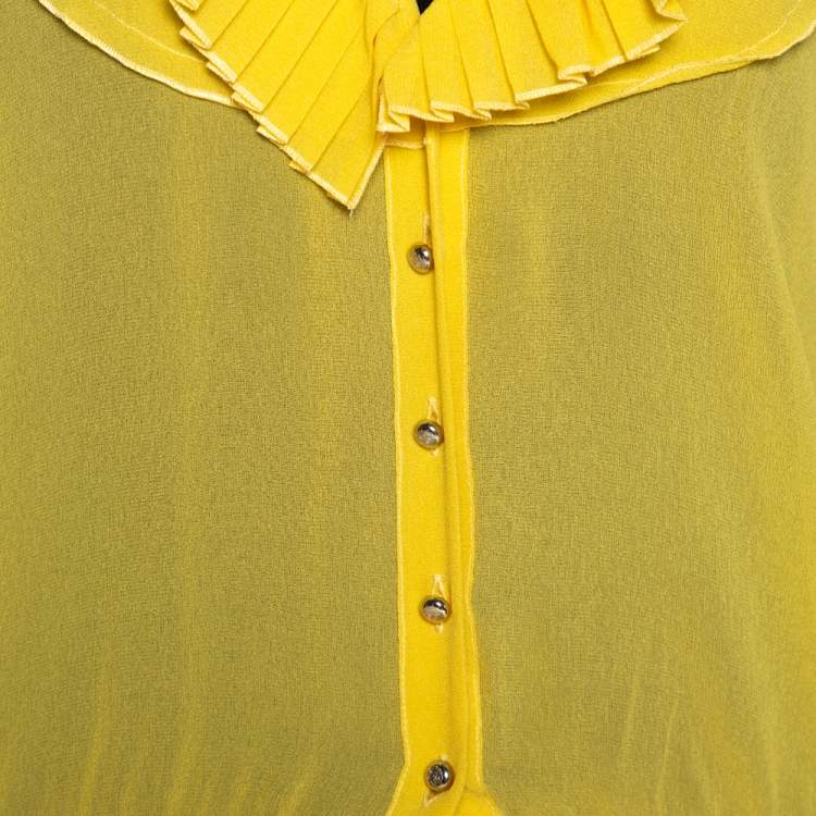 مملوكة مسبقًا Roberto Cavalli Yellow Georgette Pleated Neckline Blouse L