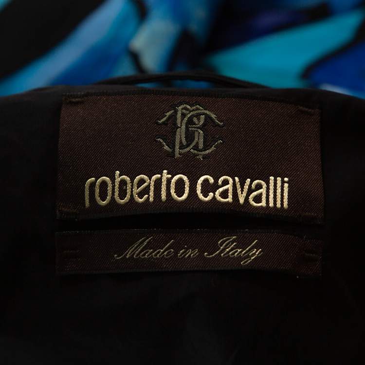 Pre Owned Roberto Cavalli Blue Floral Printed Cotton Peplum Detail Jacket L