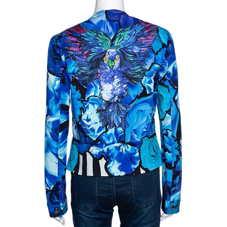 Pre Owned Roberto Cavalli Blue Floral Printed Cotton Peplum Detail Jacket L
