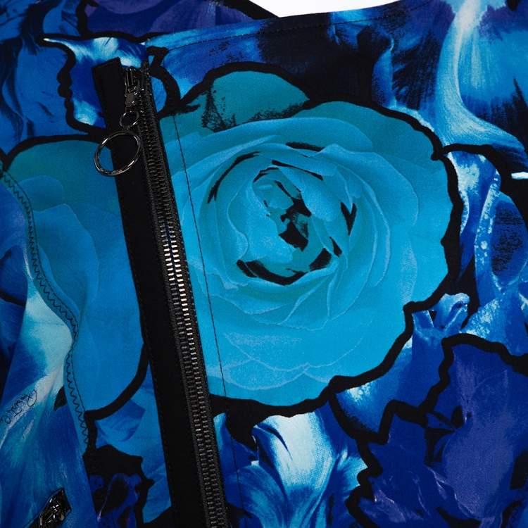 Pre Owned Roberto Cavalli Blue Floral Printed Cotton Peplum Detail Jacket L