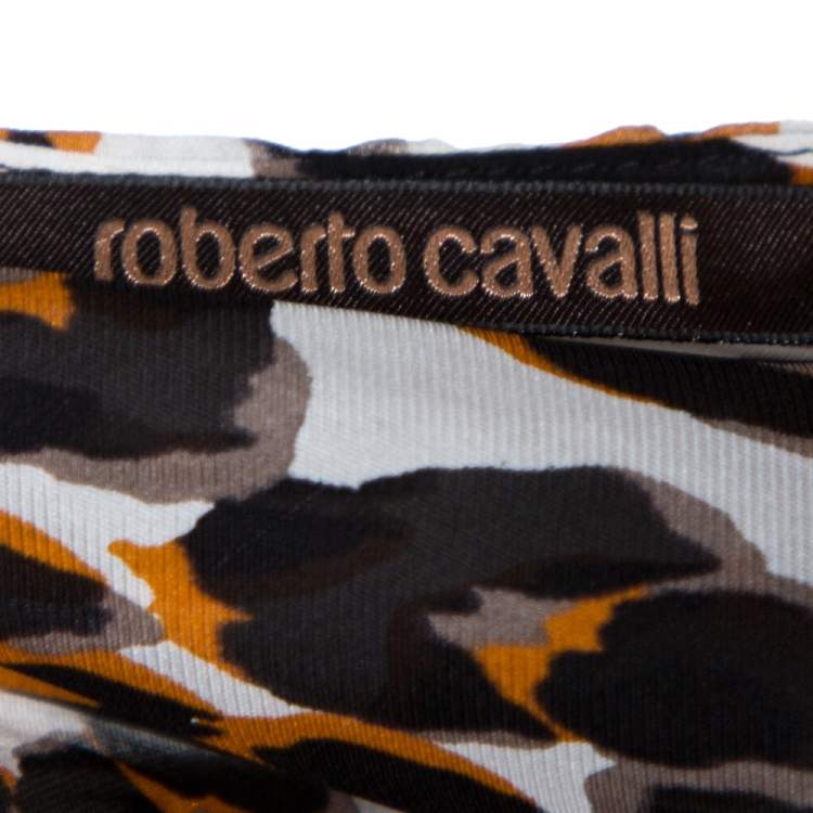 Pre Owned Roberto Cavalli Brown & White Animal Print Silk Maxi Dress M