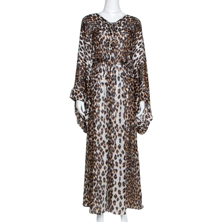 Pre Owned Roberto Cavalli Brown & White Animal Print Silk Maxi Dress M