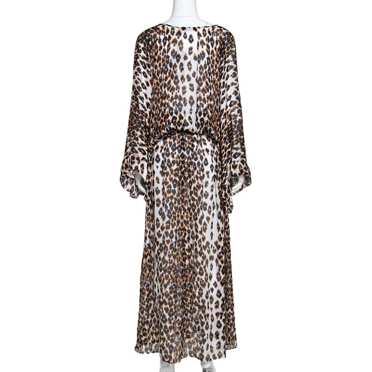 Pre Owned Roberto Cavalli Brown & White Animal Print Silk Maxi Dress M