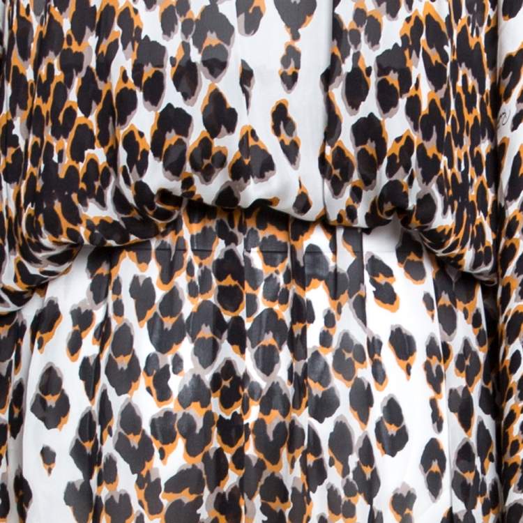 Pre Owned Roberto Cavalli Brown & White Animal Print Silk Maxi Dress M