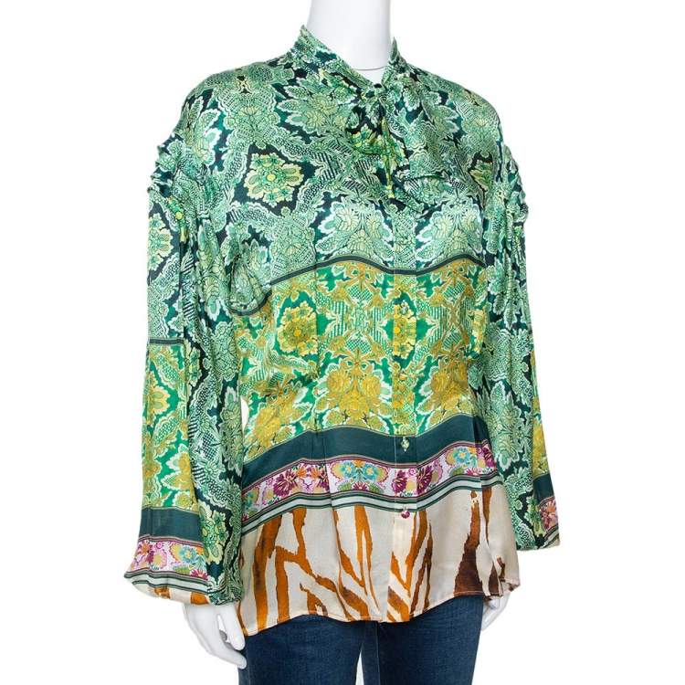 مملوكة مسبقًا Roberto Cavalli Green Floral Paisley Printed Silk Blouse M 
