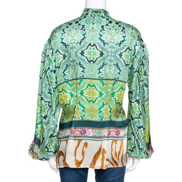 مملوكة مسبقًا Roberto Cavalli Green Floral Paisley Printed Silk Blouse M 