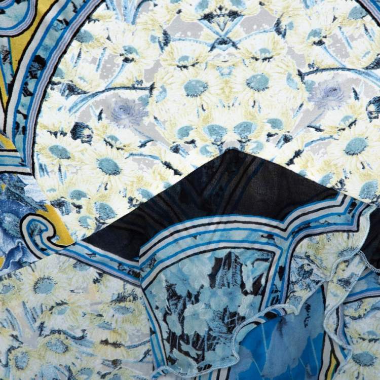 Pre Owned Roberto Cavalli Blue Floral Printed Silk Tiered Maxi Skirt L 