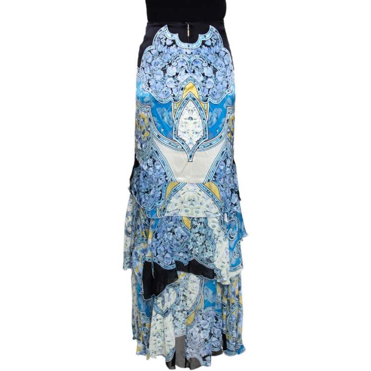 Pre Owned Roberto Cavalli Blue Floral Printed Silk Tiered Maxi Skirt L 