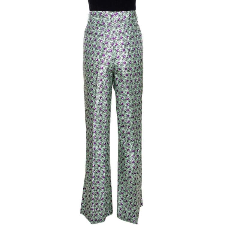 Pre Owned Roberto Cavalli Pastel Green Floral Printed Silk Wide Leg Trousers L 