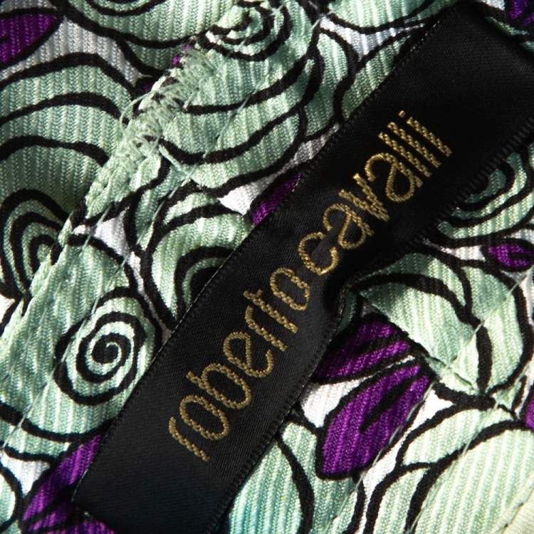 Pre Owned Roberto Cavalli Pastel Green Floral Printed Silk Wide Leg Trousers L 