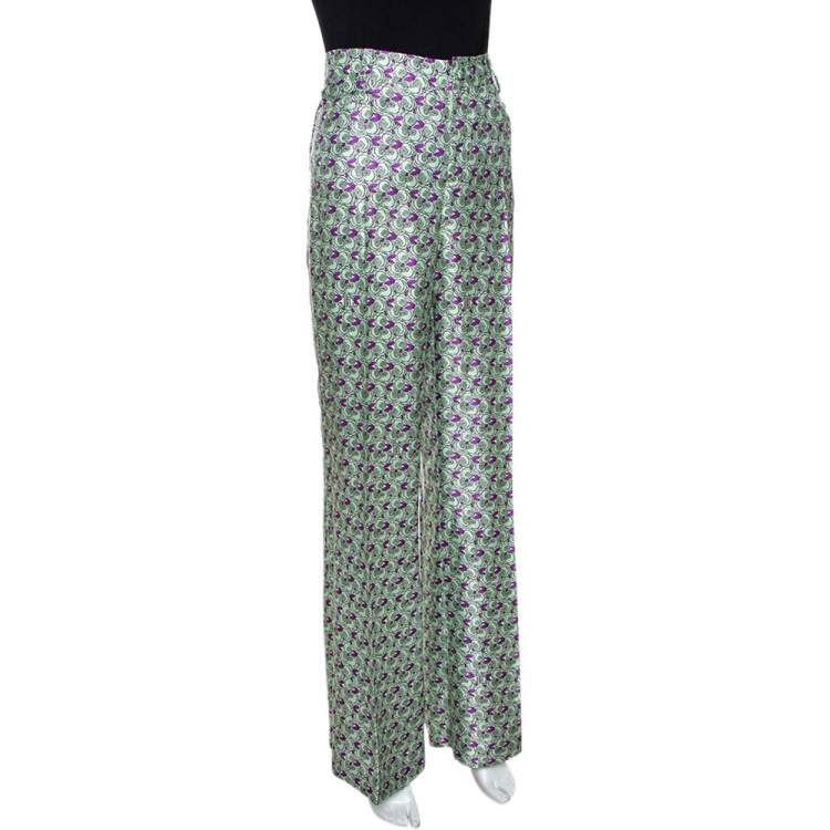 Pre Owned Roberto Cavalli Pastel Green Floral Printed Silk Wide Leg Trousers L 