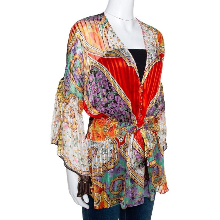 Pre Owned Roberto Cavalli Multicolor Floral Print Silk Smocked Sheer Blouse L