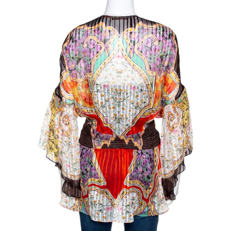 Pre Owned Roberto Cavalli Multicolor Floral Print Silk Smocked Sheer Blouse L