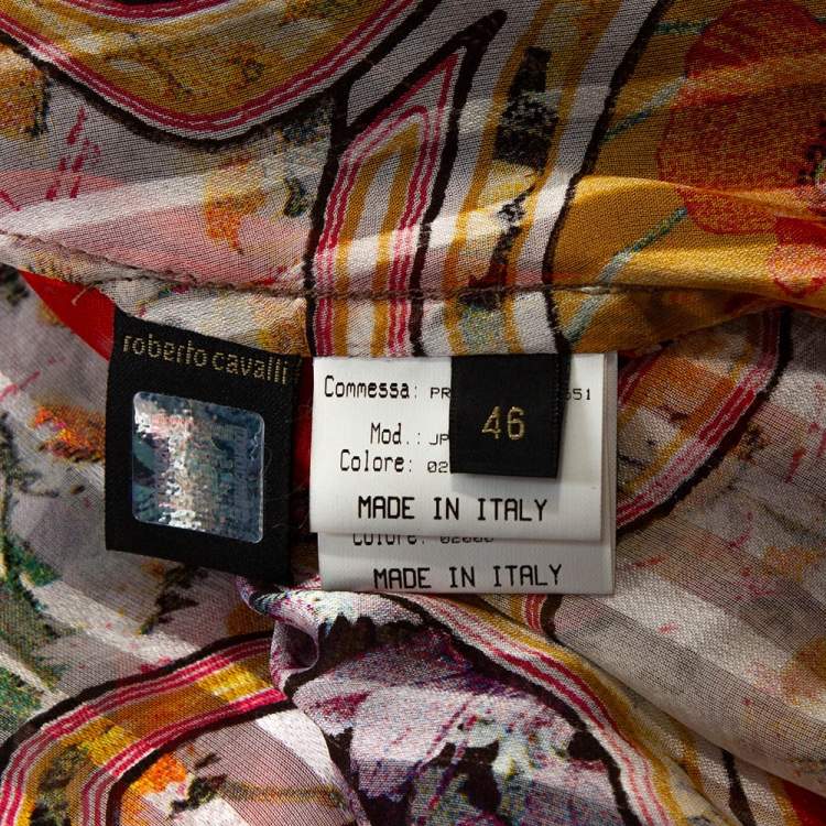 Pre Owned Roberto Cavalli Multicolor Floral Print Silk Smocked Sheer Blouse L