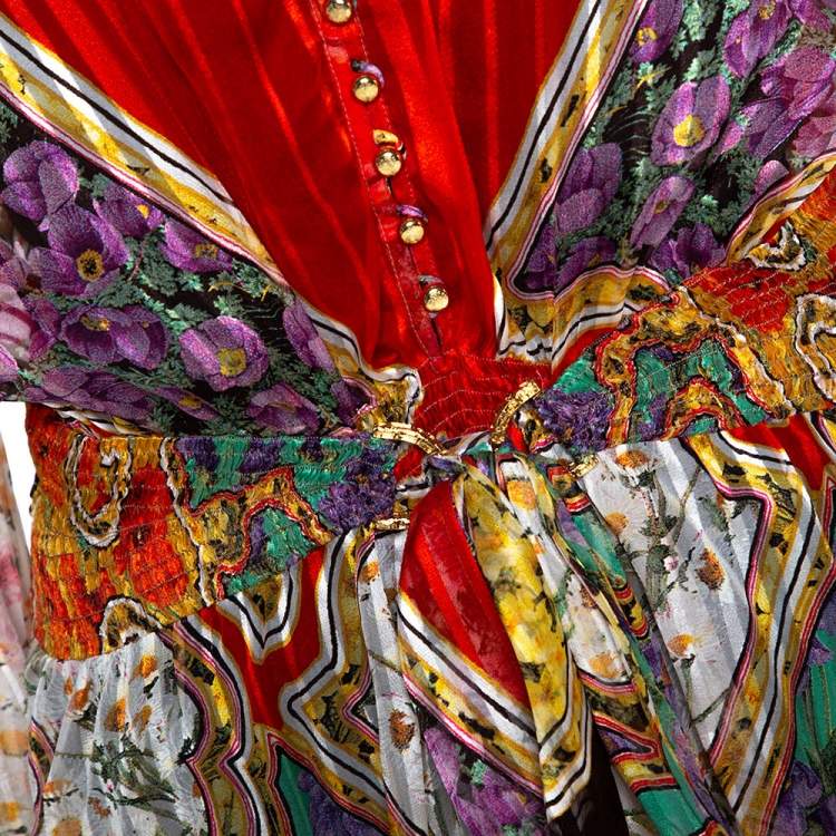 Pre Owned Roberto Cavalli Multicolor Floral Print Silk Smocked Sheer Blouse L