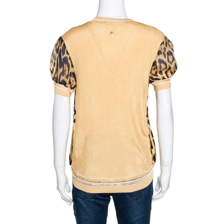 Pre Owned Roberto Cavalli Yellow Leopard Print Silk & Knit Cardigan L