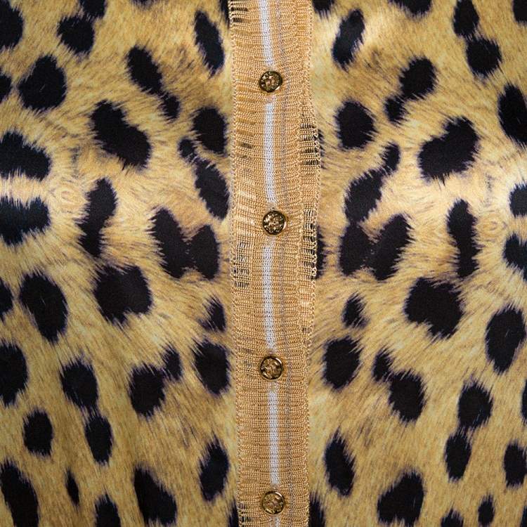 Pre Owned Roberto Cavalli Yellow Leopard Print Silk & Knit Cardigan L