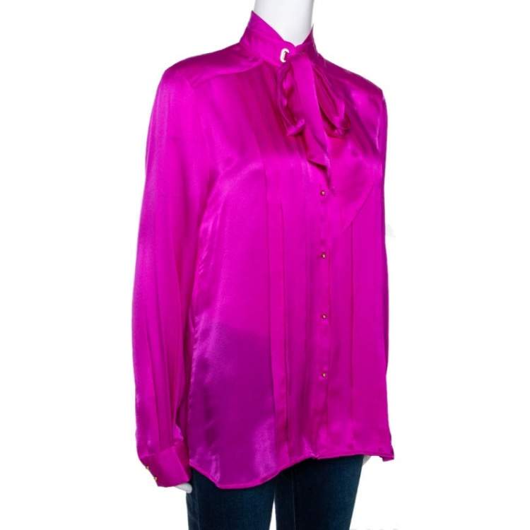 Pre Owned Roberto Cavalli Fuschia Pink Silk Satin Bow Detail Blouse M