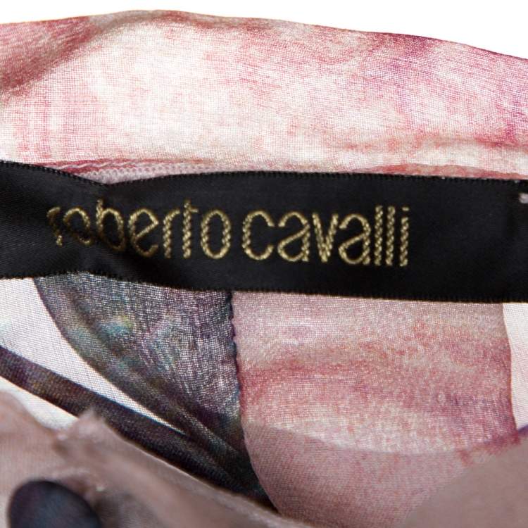 Pre Owned Roberto Cavalli Pale Pink Printed Silk Pleated Sheer Blouse M