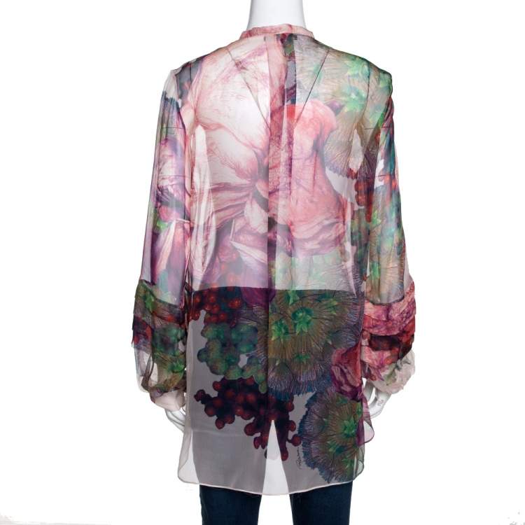 Pre Owned Roberto Cavalli Pale Pink Printed Silk Pleated Sheer Blouse M