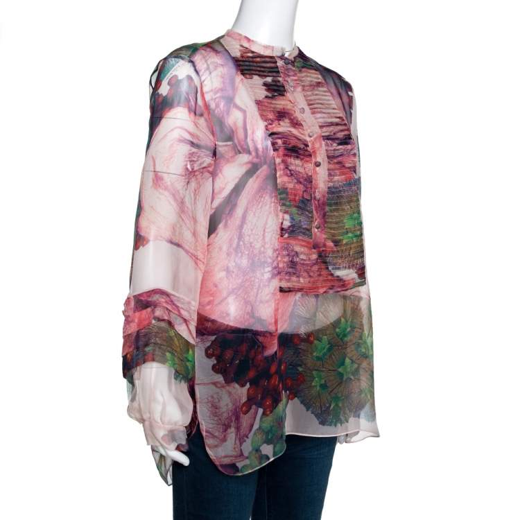 Pre Owned Roberto Cavalli Pale Pink Printed Silk Pleated Sheer Blouse M
