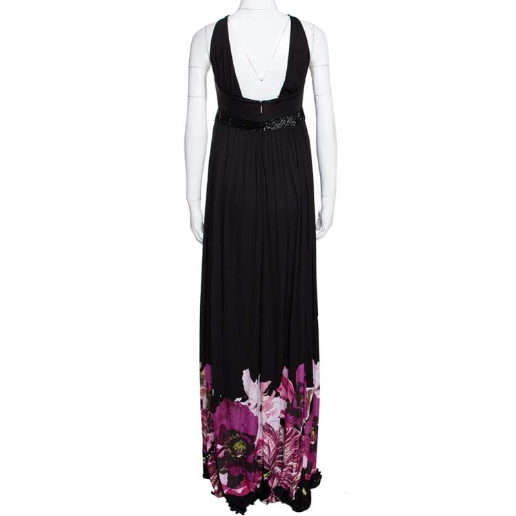 Pre Owned Roberto Cavalli Black Floral Printed Jersey Bead Embellished Maxi Dress M