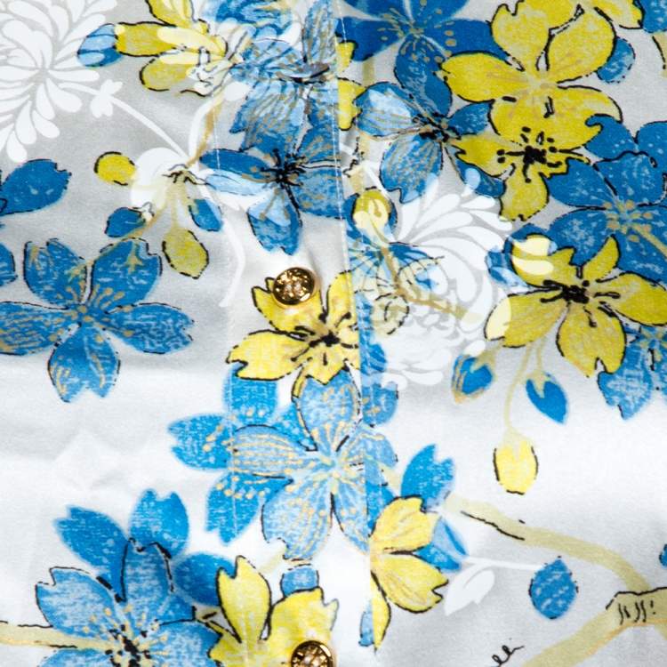 Pre Owned Roberto Cavalli White Floral Printed Stretch Silk Button Front Shirt L 