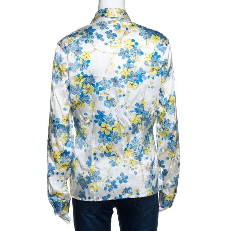 Pre Owned Roberto Cavalli White Floral Printed Stretch Silk Button Front Shirt L 